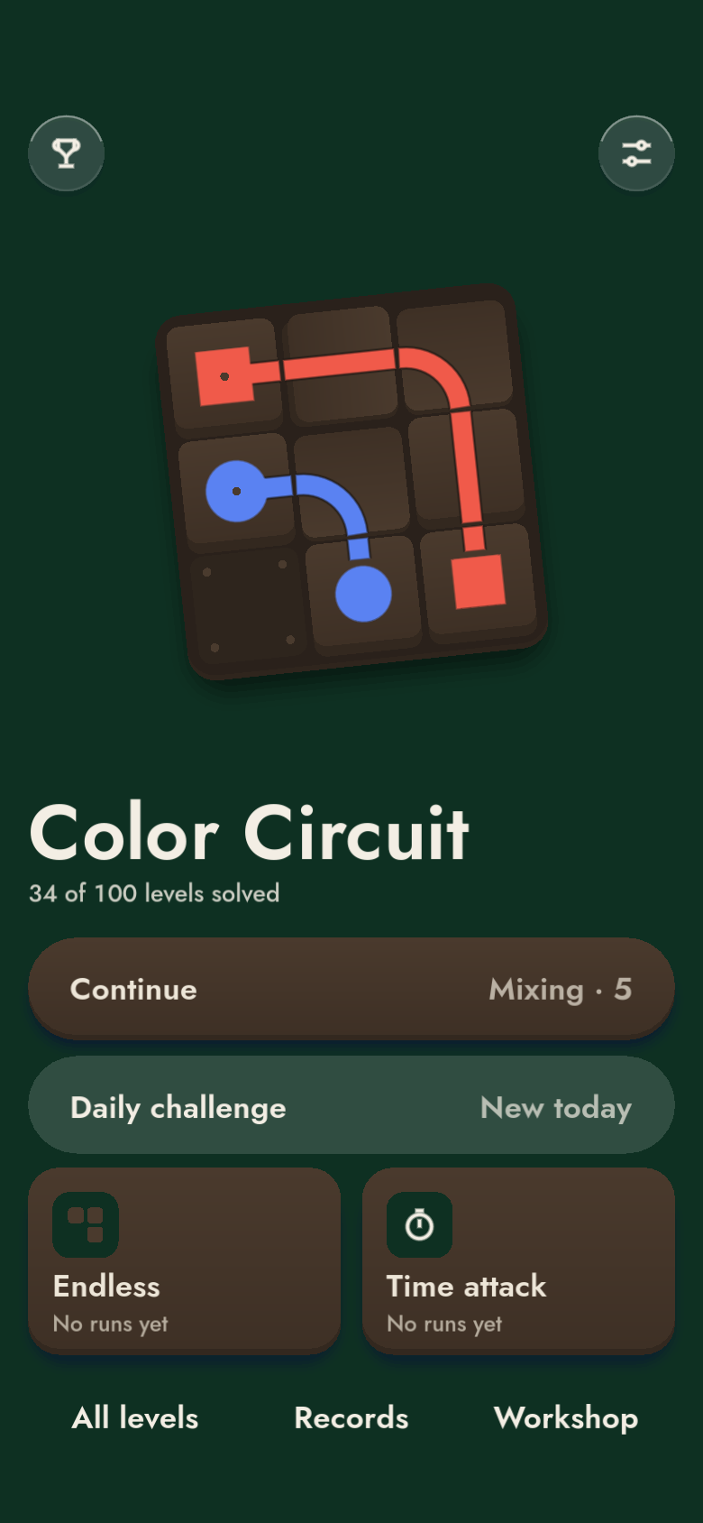 The Color Circuit home screen with levels, the daily challenge, endless and time attack